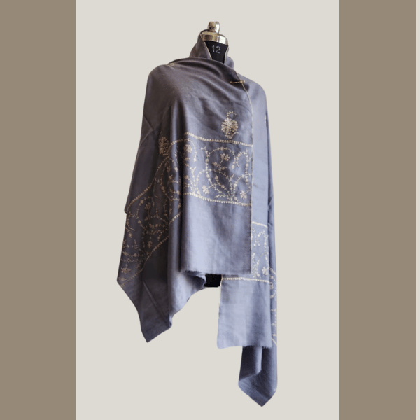 Grey Pashmina Stole with Sozni Work (70×100 cm)
