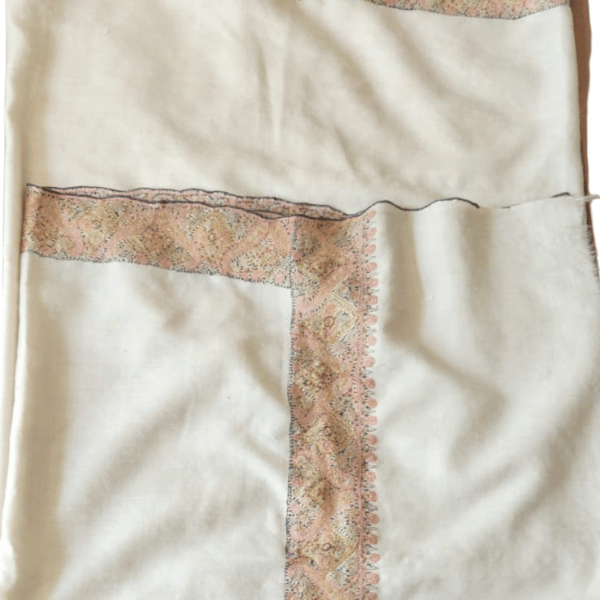 White Pashmina Door Dar Shawl with Multicolor Sozni Embroidery (100×200 cm)